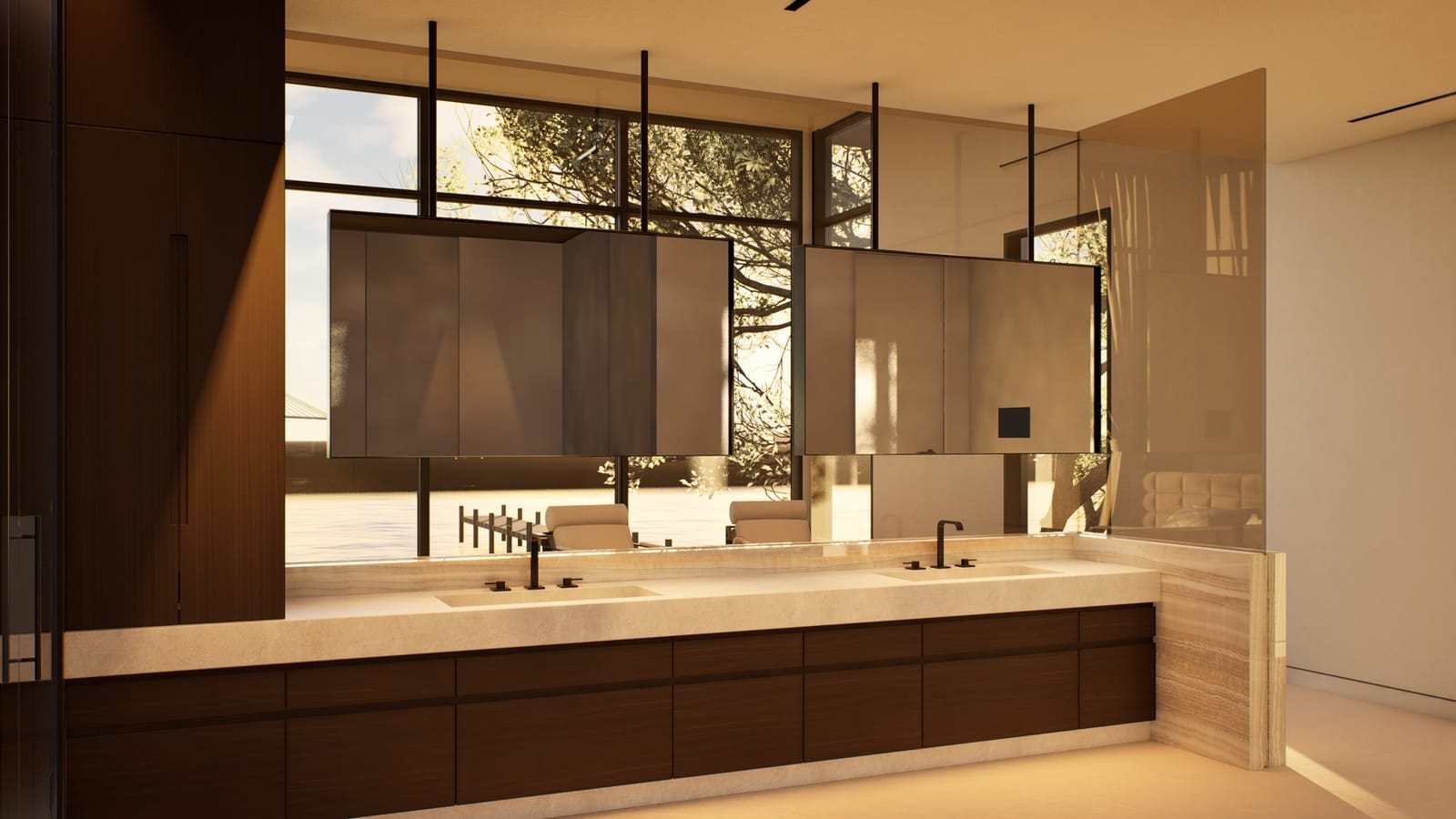 Primary suite bathroom in travertine with a floating vanity and harbour outlook