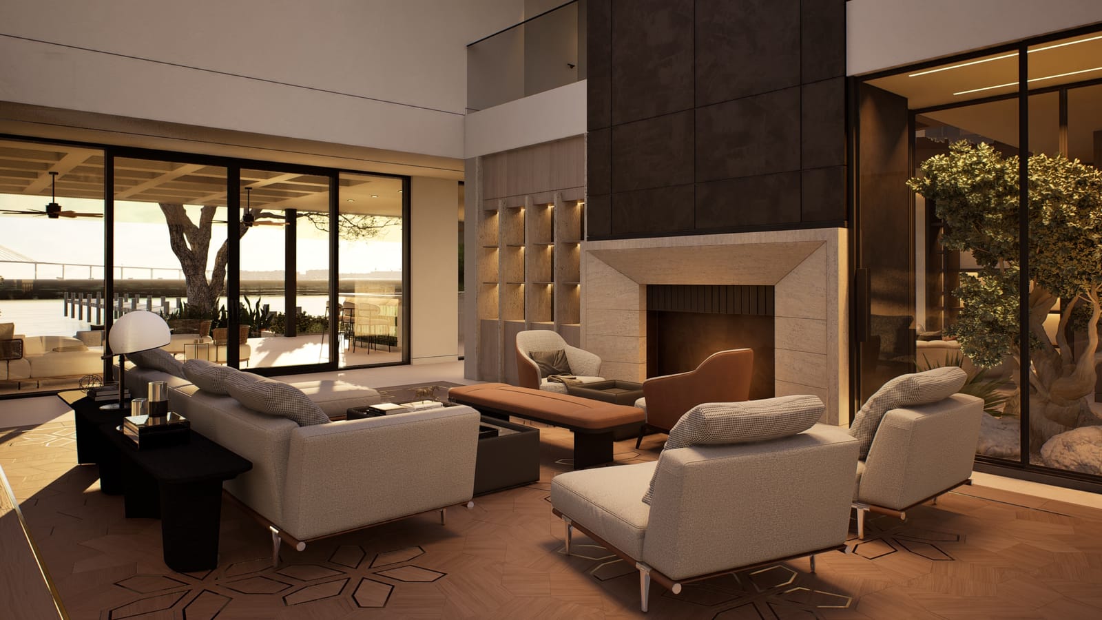 Great room volume with a stone fireplace, double-height glazing and harbour views