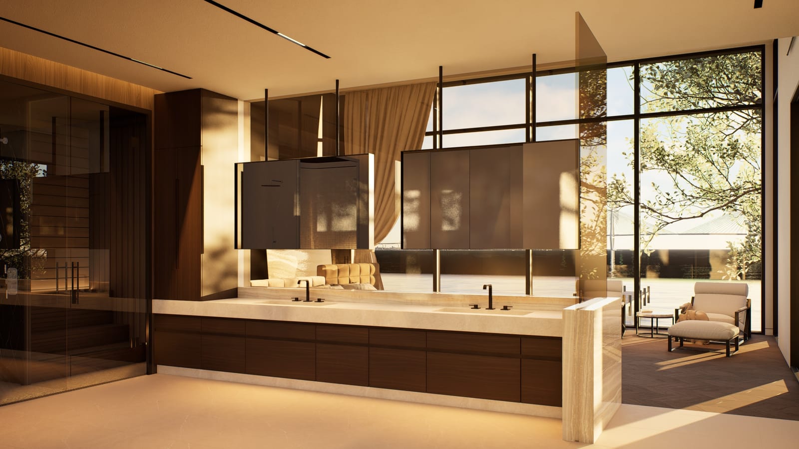 Primary bathroom vanity in travertine