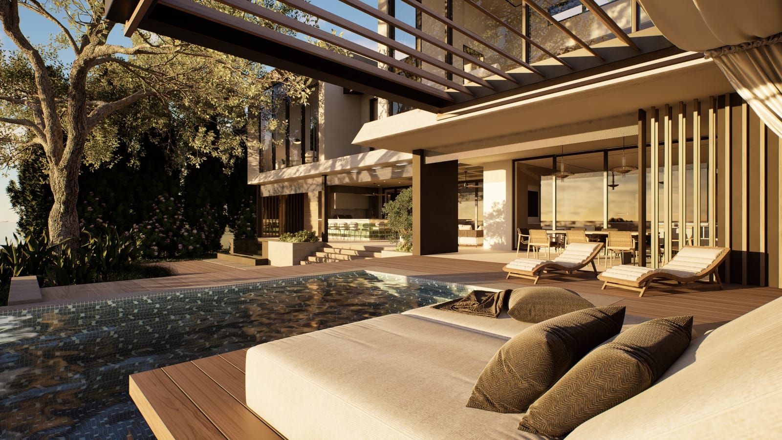 Pool terrace and rear elevation under the live oak