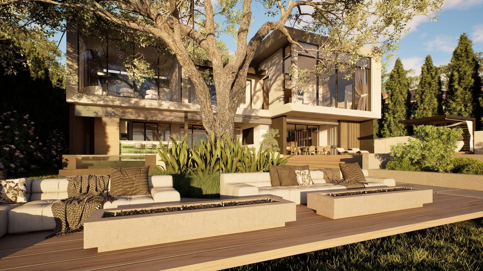 The rear elevation of 528 Wampler Drive beneath the live oak