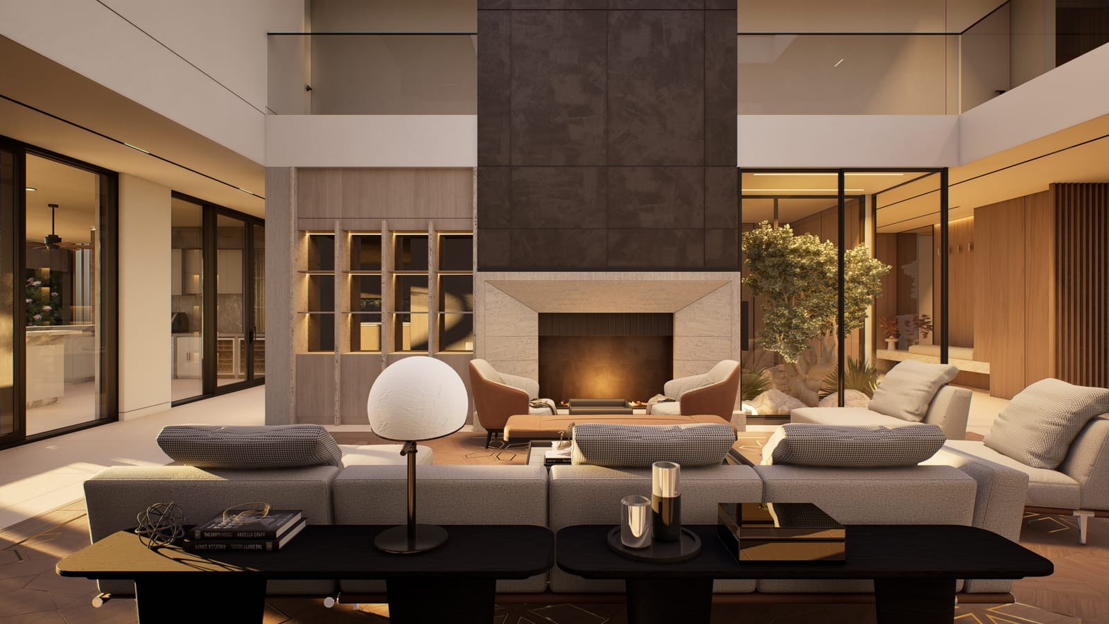 Great room seating grouped around the fireplace