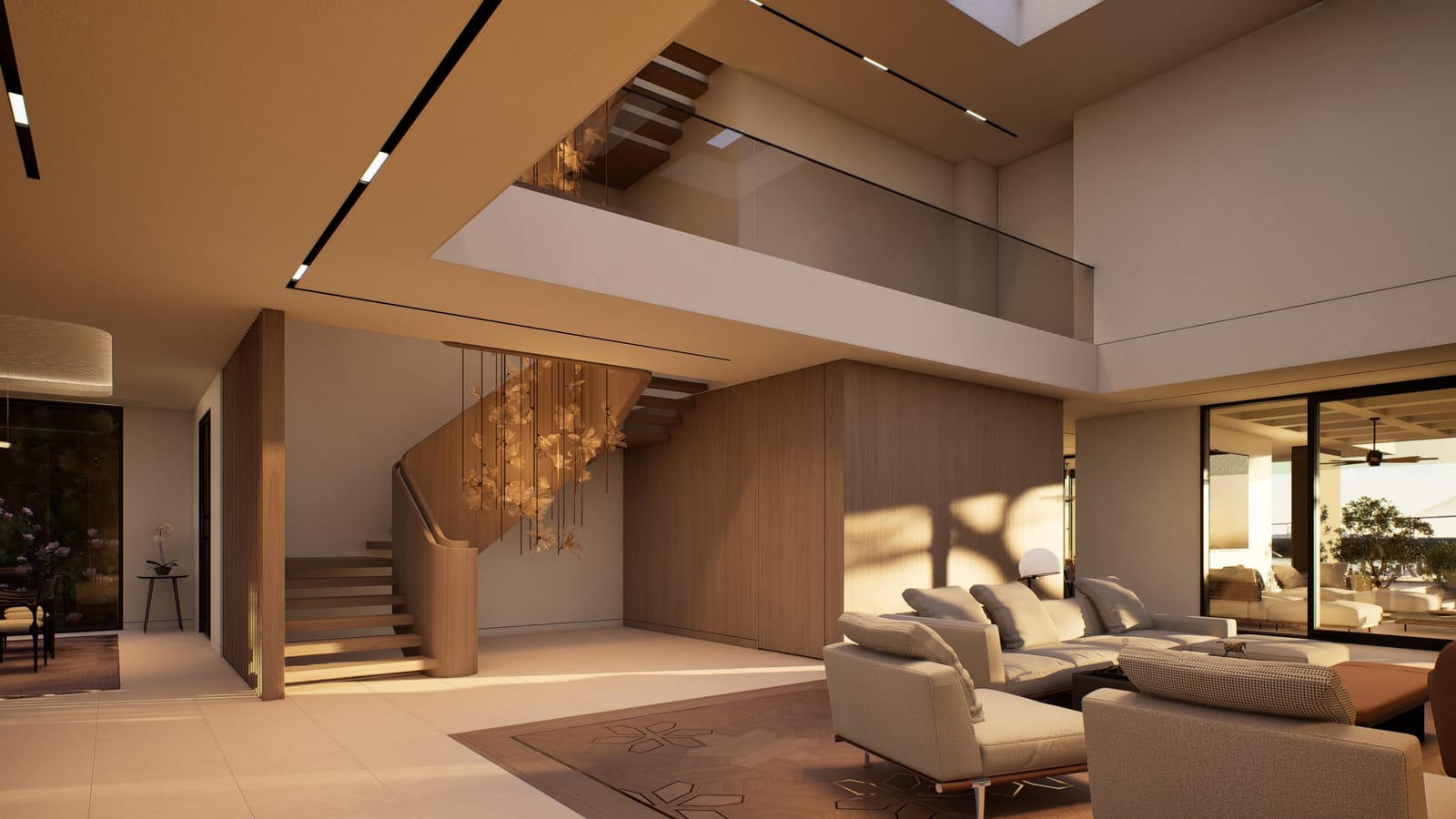 Double-height volume with the sculptural stair