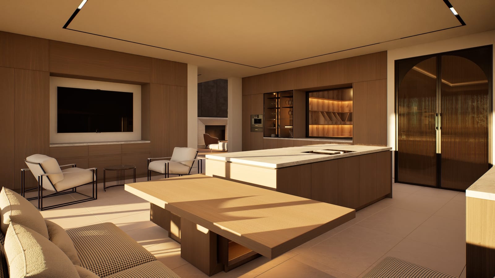 Kitchen island and scullery beyond